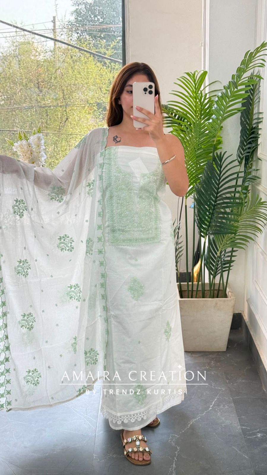Premium Fabric White and Pista Colour Unstitched Suit