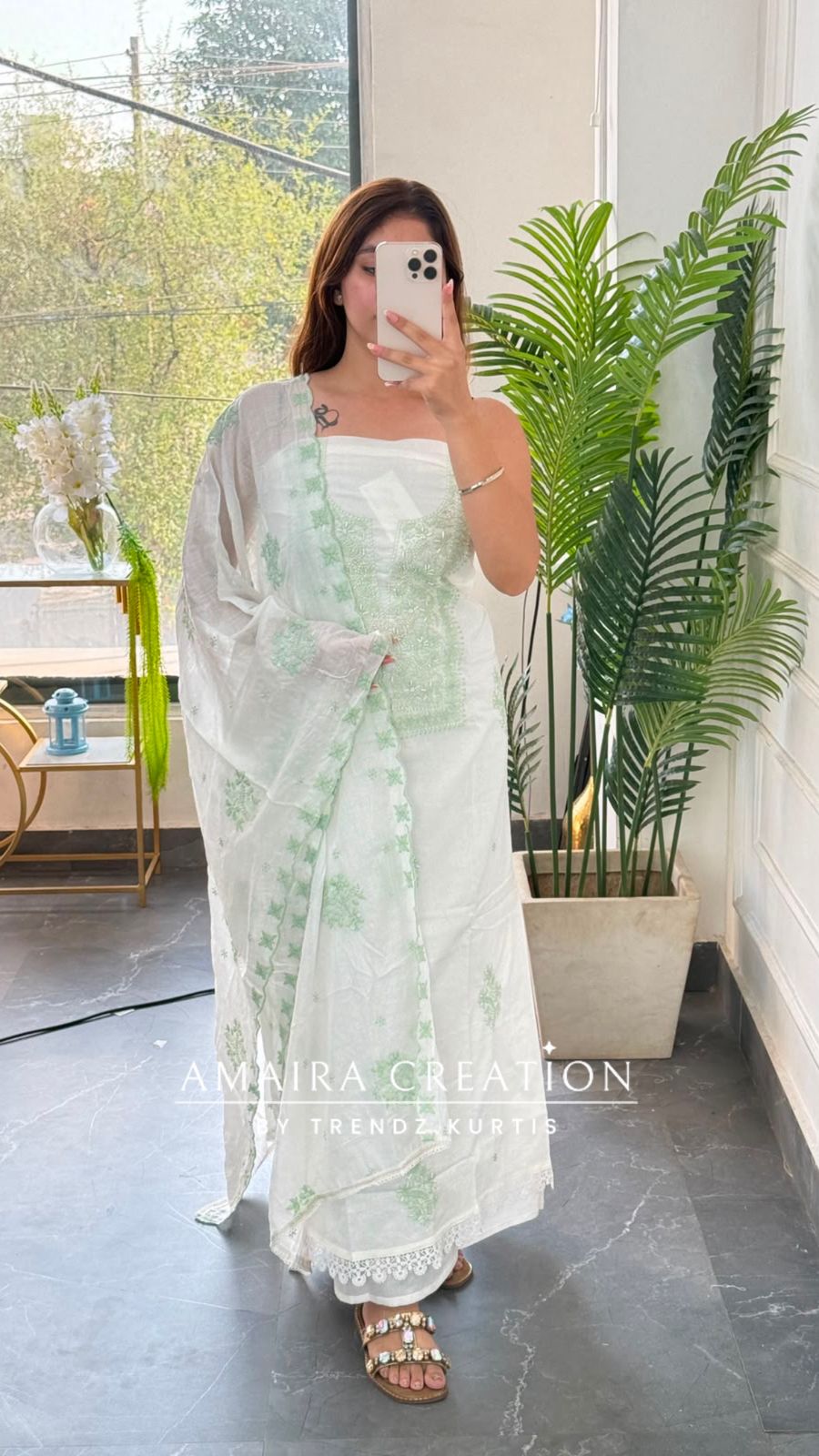 Premium Fabric White and Pista Colour Unstitched Suit