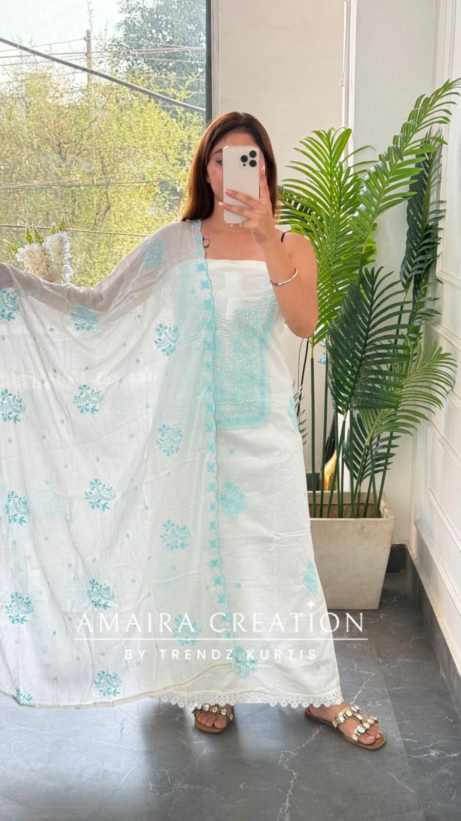 Premium Fabric White and Sky Colour Unstitched Suit