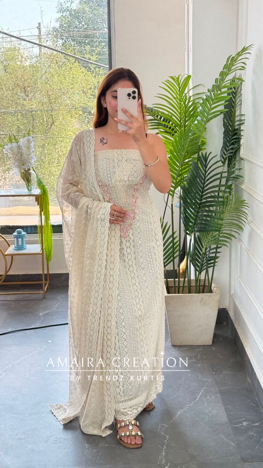 Premium Georgette Chikankari Beige Pink Unstitched Suit With Georgette Chikankari Dupatta