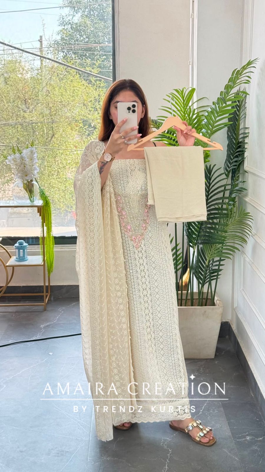 Premium Georgette Chikankari Beige Pink Unstitched Suit With Georgette Chikankari Dupatta