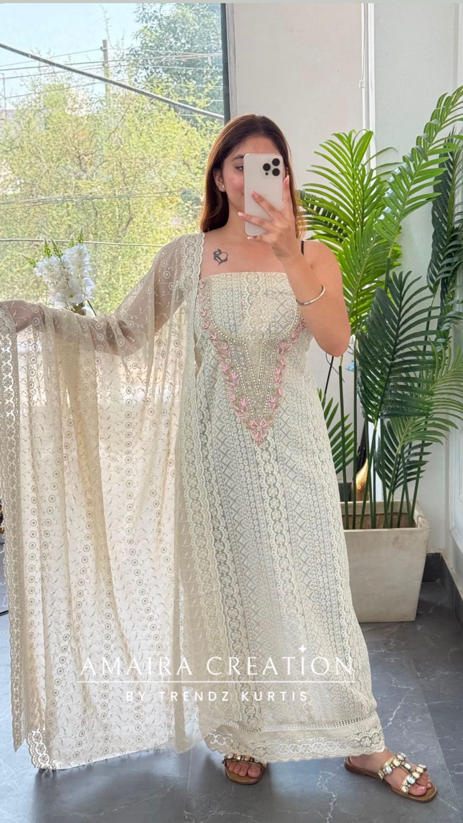 Premium Georgette Chikankari Beige Pink Unstitched Suit With Georgette Chikankari Dupatta
