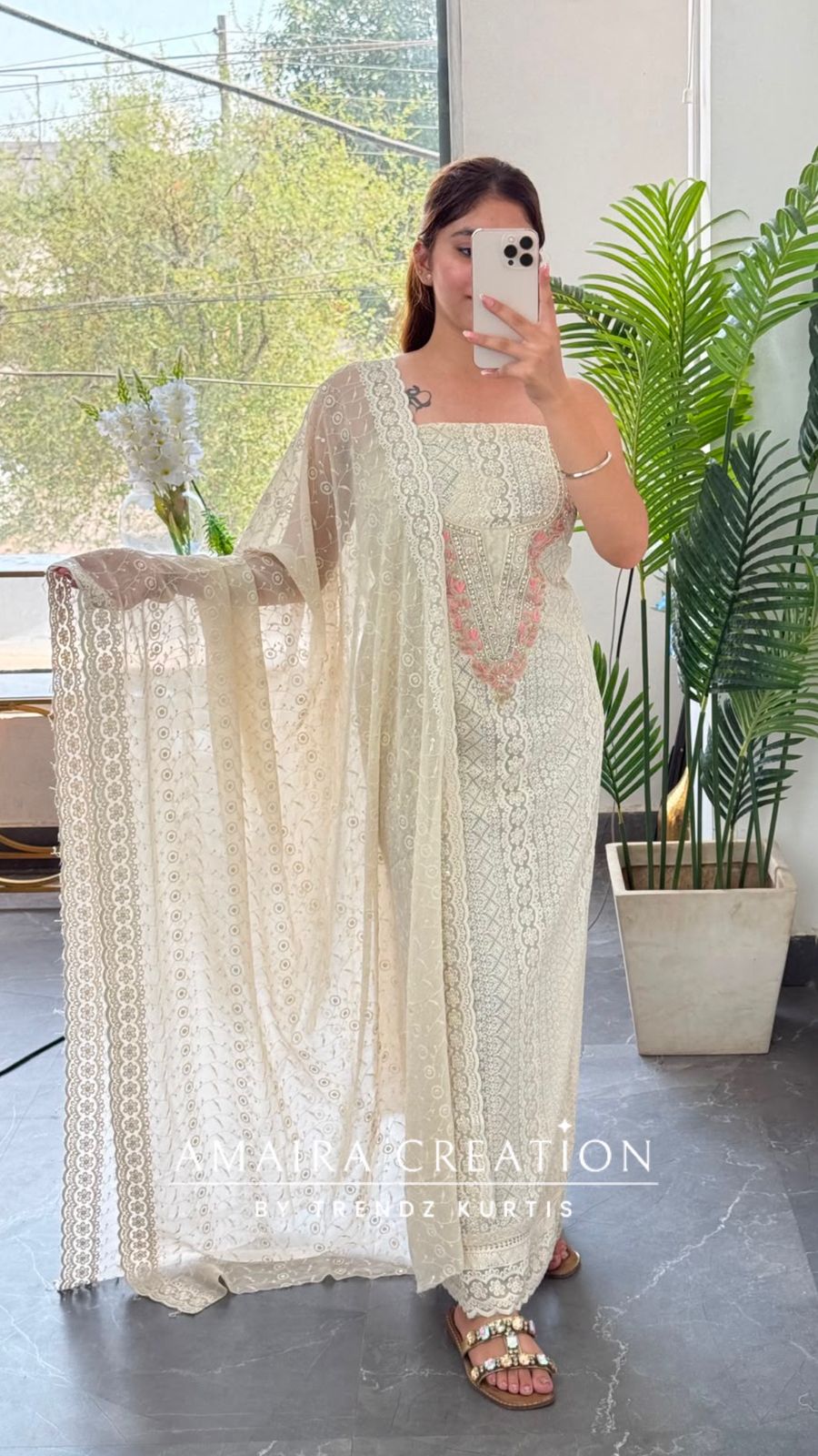 Premium Georgette Chikankari Beige Peach Unstitched Suit With Georgette Chikankari Dupatta