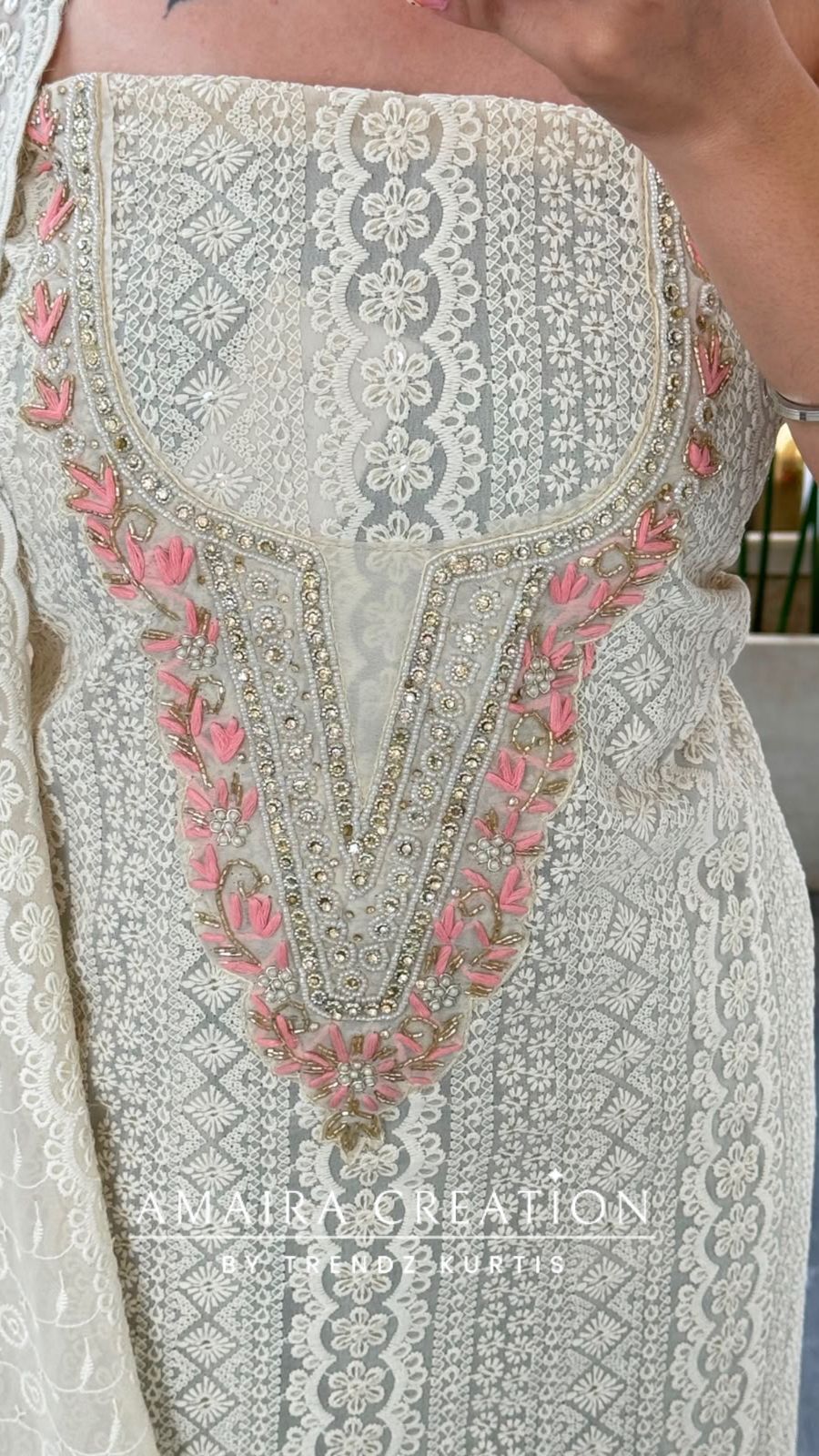 Premium Georgette Chikankari Beige Peach Unstitched Suit With Georgette Chikankari Dupatta
