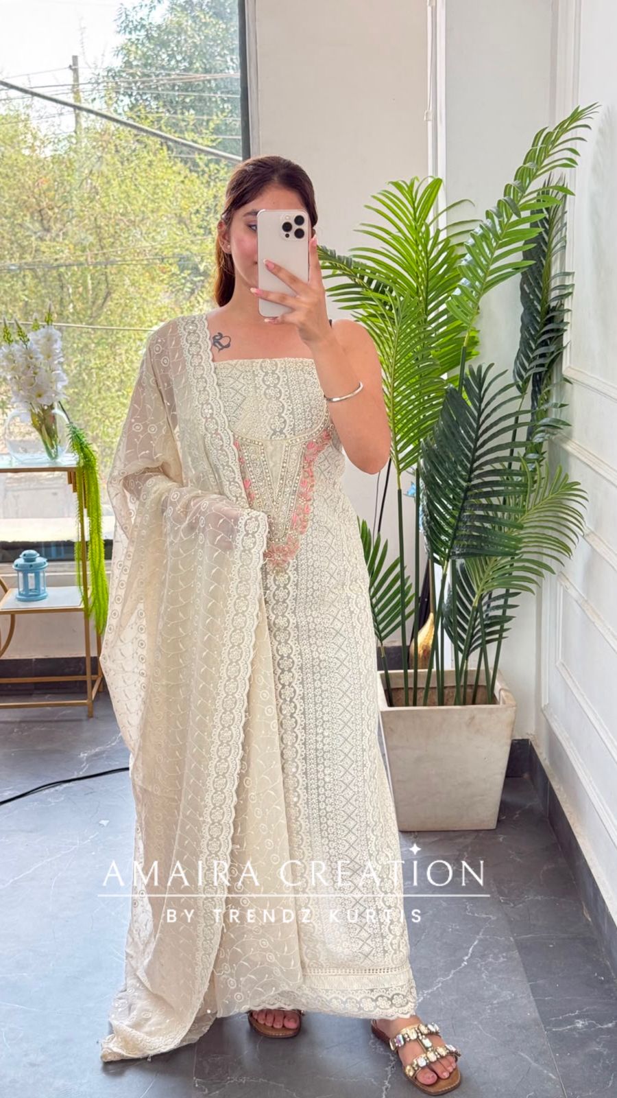 Premium Georgette Chikankari Beige Peach Unstitched Suit With Georgette Chikankari Dupatta