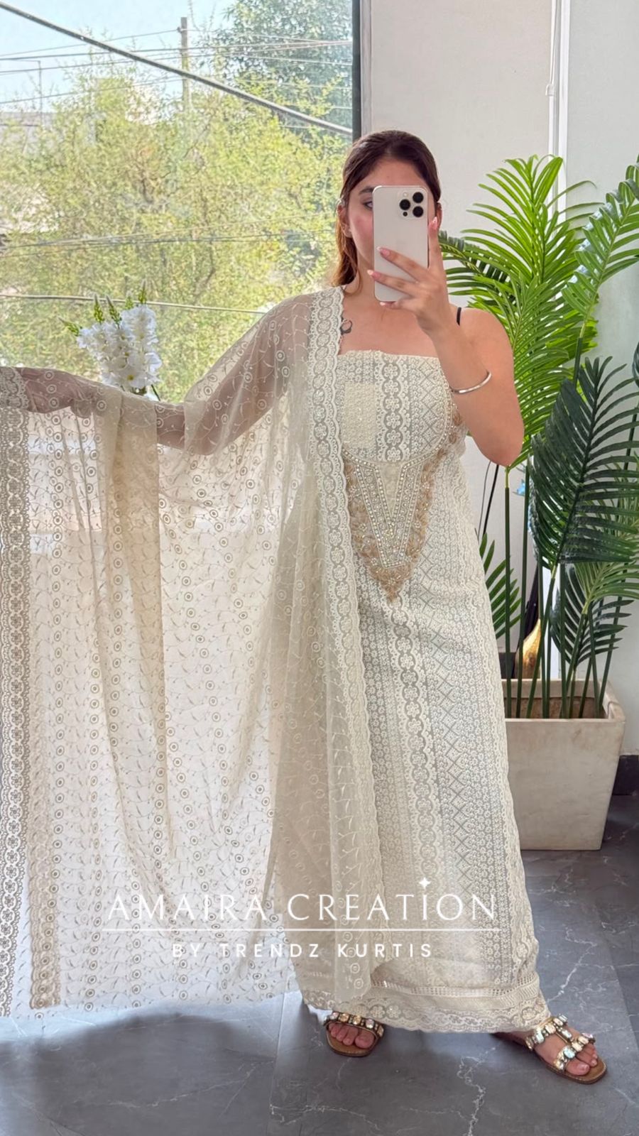 Premium Georgette Chikankari Beige Golden Unstitched Suit With Georgette Chikankari Dupatta