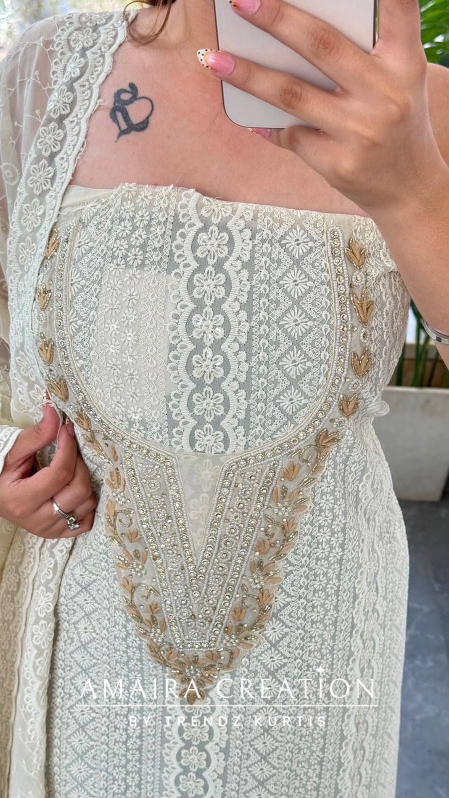 Premium Georgette Chikankari Beige Golden Unstitched Suit With Georgette Chikankari Dupatta