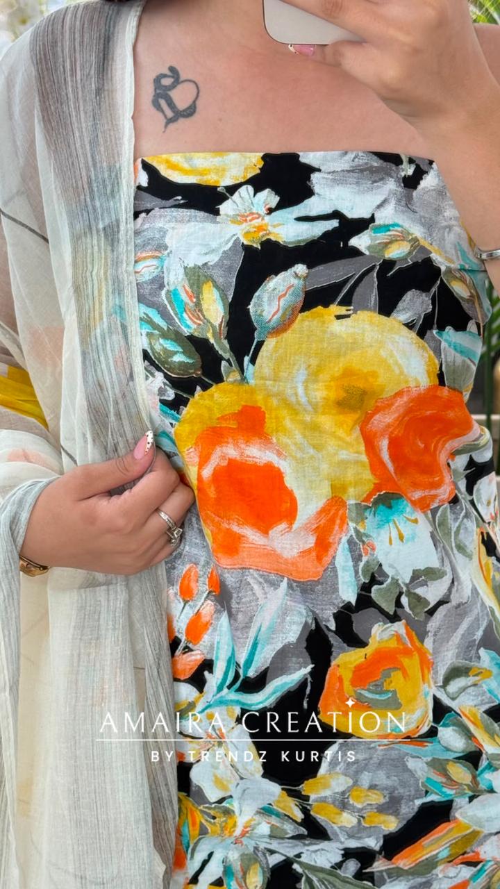 Premium Cotton Floral Yellow Colour Unstitched Suit