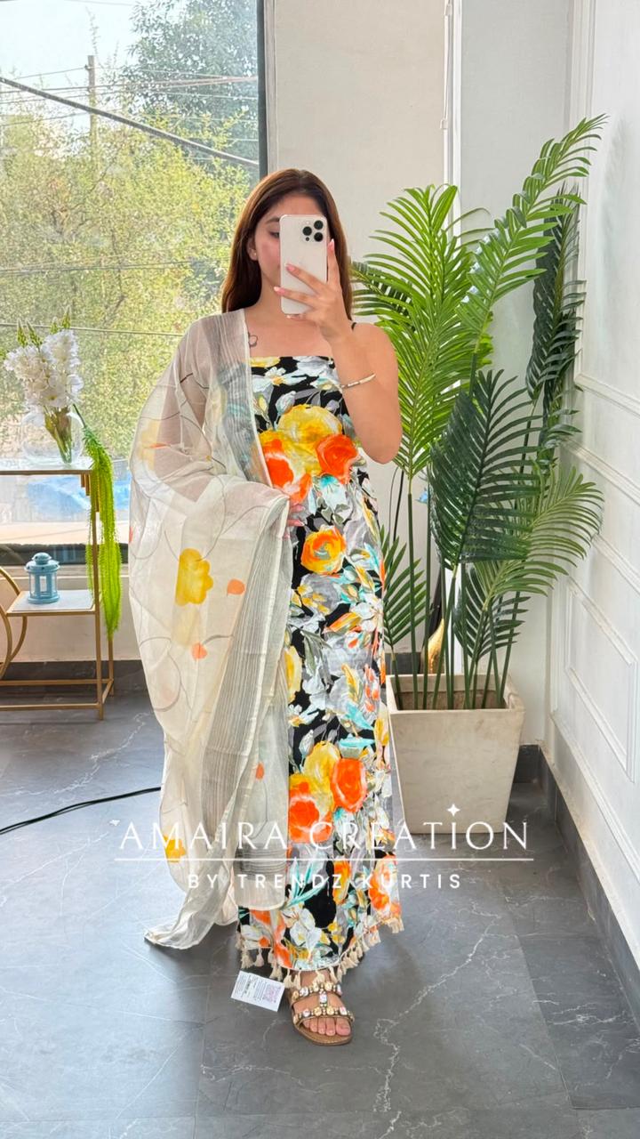 Premium Cotton Floral Yellow Colour Unstitched Suit