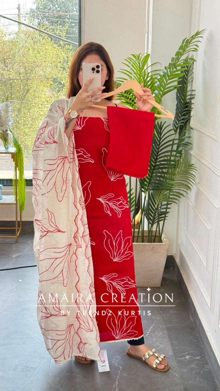 Premium Cotton Red Colour Unstitched Suit With Thread Embroidered