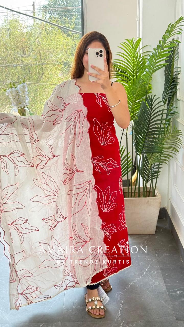 Premium Cotton Red Colour Unstitched Suit With Thread Embroidered
