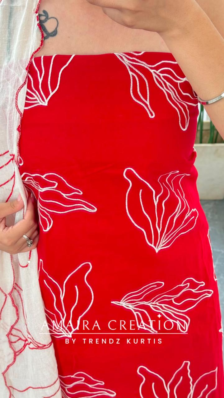 Premium Cotton Red Colour Unstitched Suit With Thread Embroidered