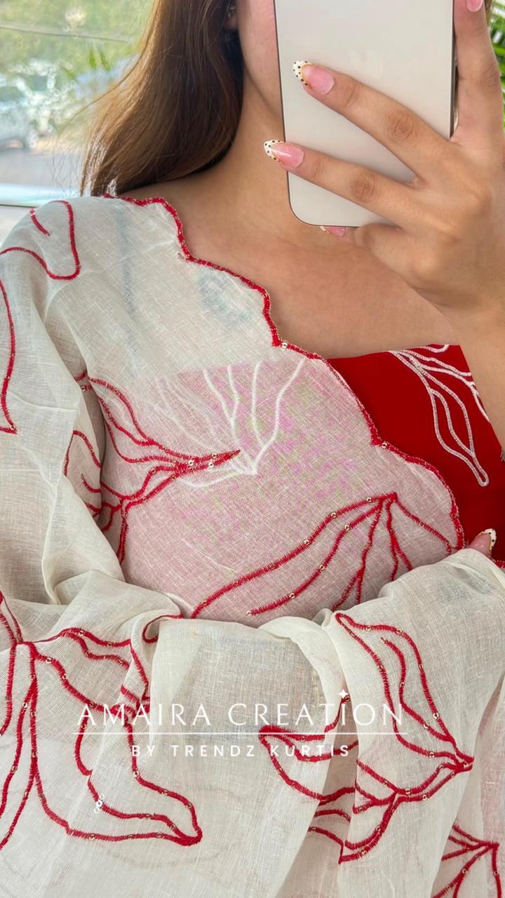 Premium Cotton Red Colour Unstitched Suit With Thread Embroidered