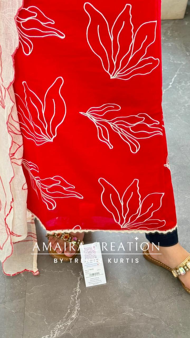 Premium Cotton Red Colour Unstitched Suit With Thread Embroidered