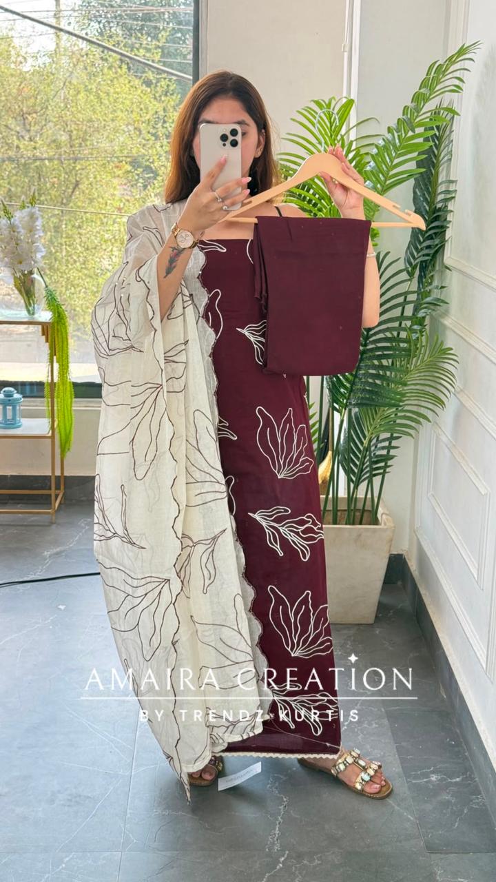 Premium Cotton Falsa Colour Unstitched Suit With Thread Embroidered