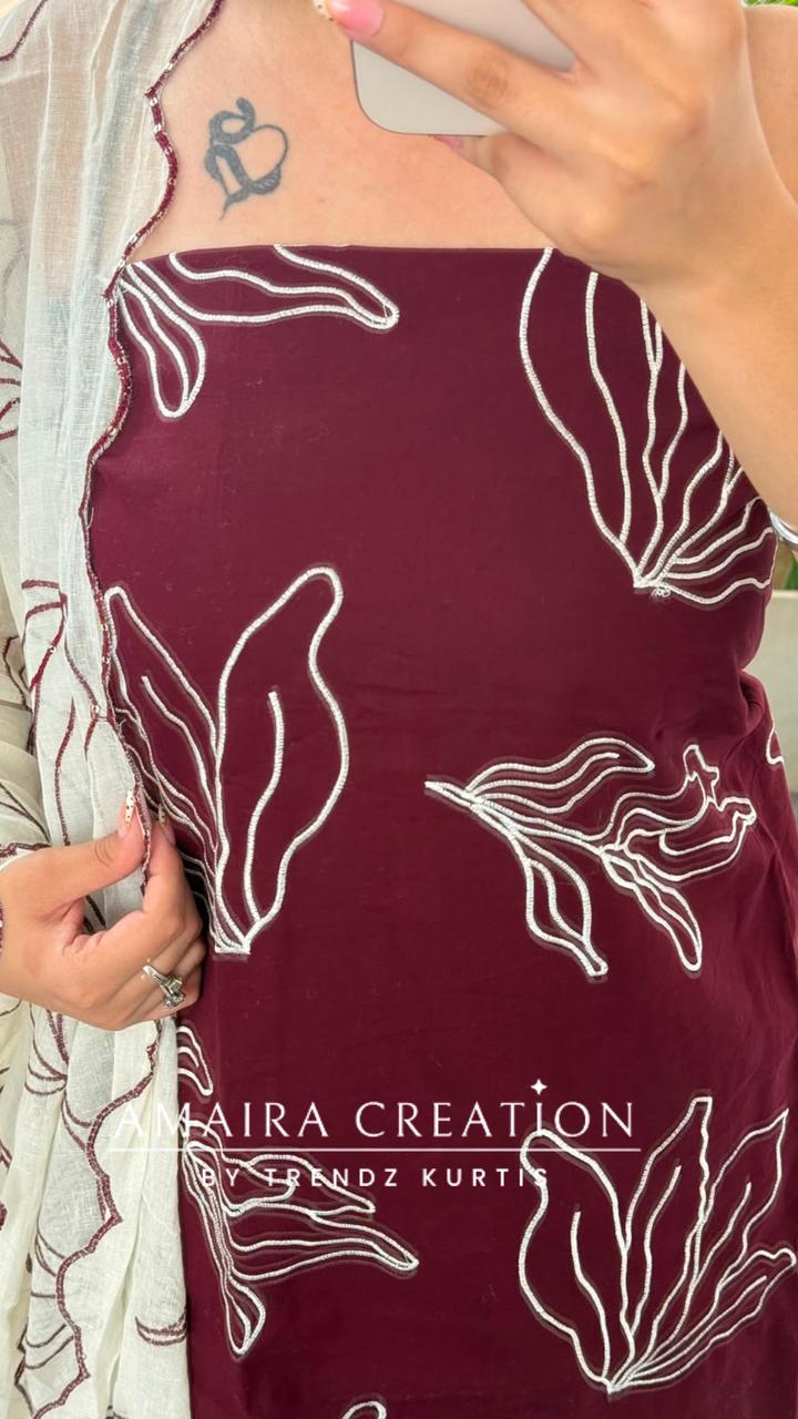 Premium Cotton Falsa Colour Unstitched Suit With Thread Embroidered
