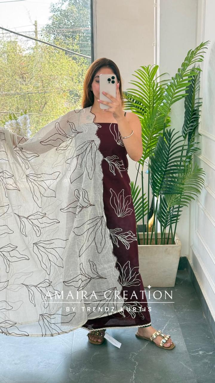 Premium Cotton Falsa Colour Unstitched Suit With Thread Embroidered