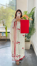 Premium Cotton Off White Red Colour Rose Floral Thread Embroidery Unstitched Suit