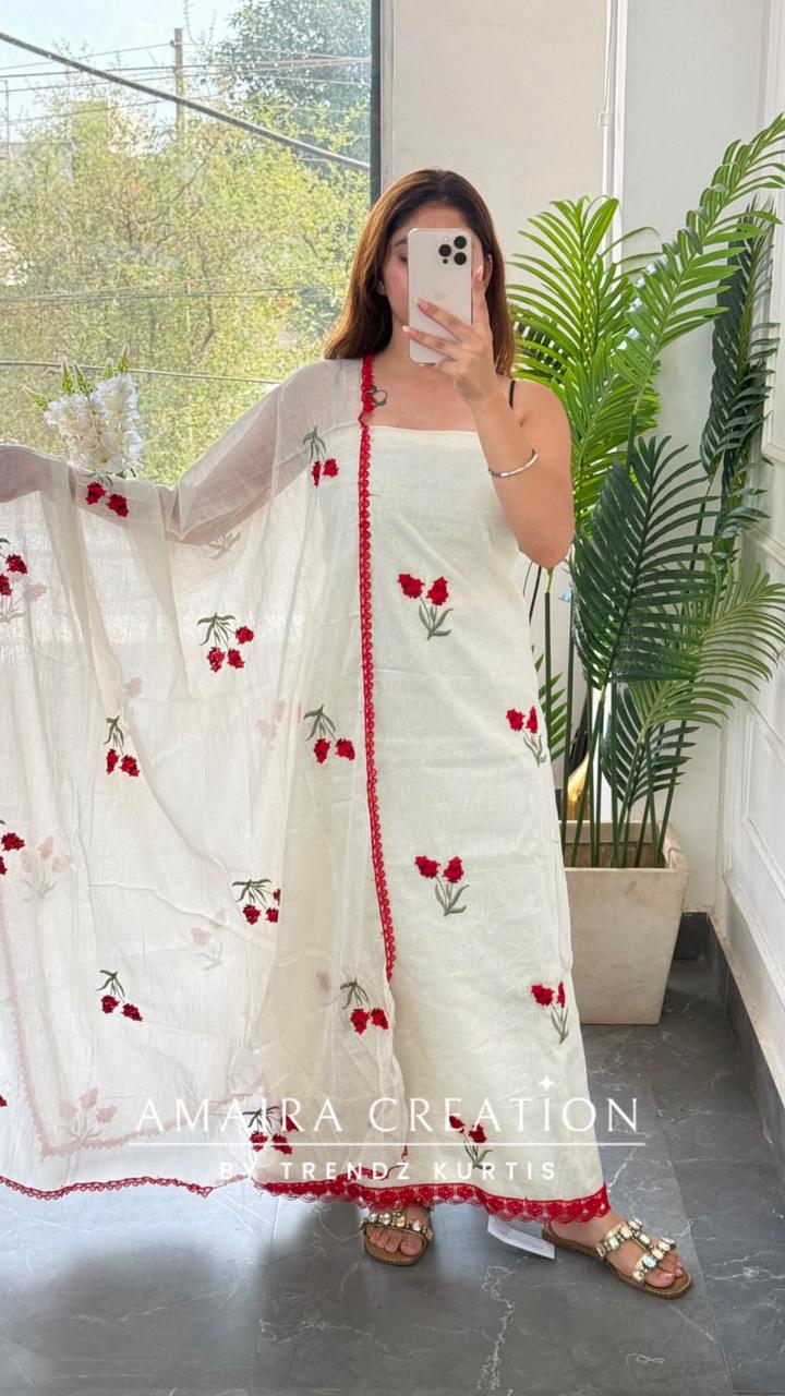 Premium Cotton Off White Red Colour Rose Floral Thread Embroidery Unstitched Suit