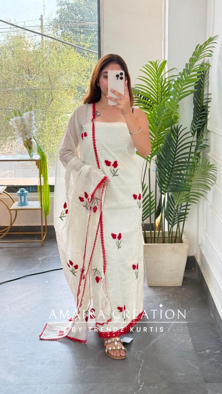 Premium Cotton Off White Red Colour Rose Floral Thread Embroidery Unstitched Suit
