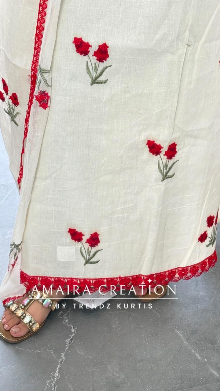 Premium Cotton Off White Red Colour Rose Floral Thread Embroidery Unstitched Suit