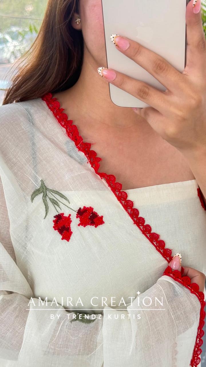 Premium Cotton Off White Red Colour Rose Floral Thread Embroidery Unstitched Suit