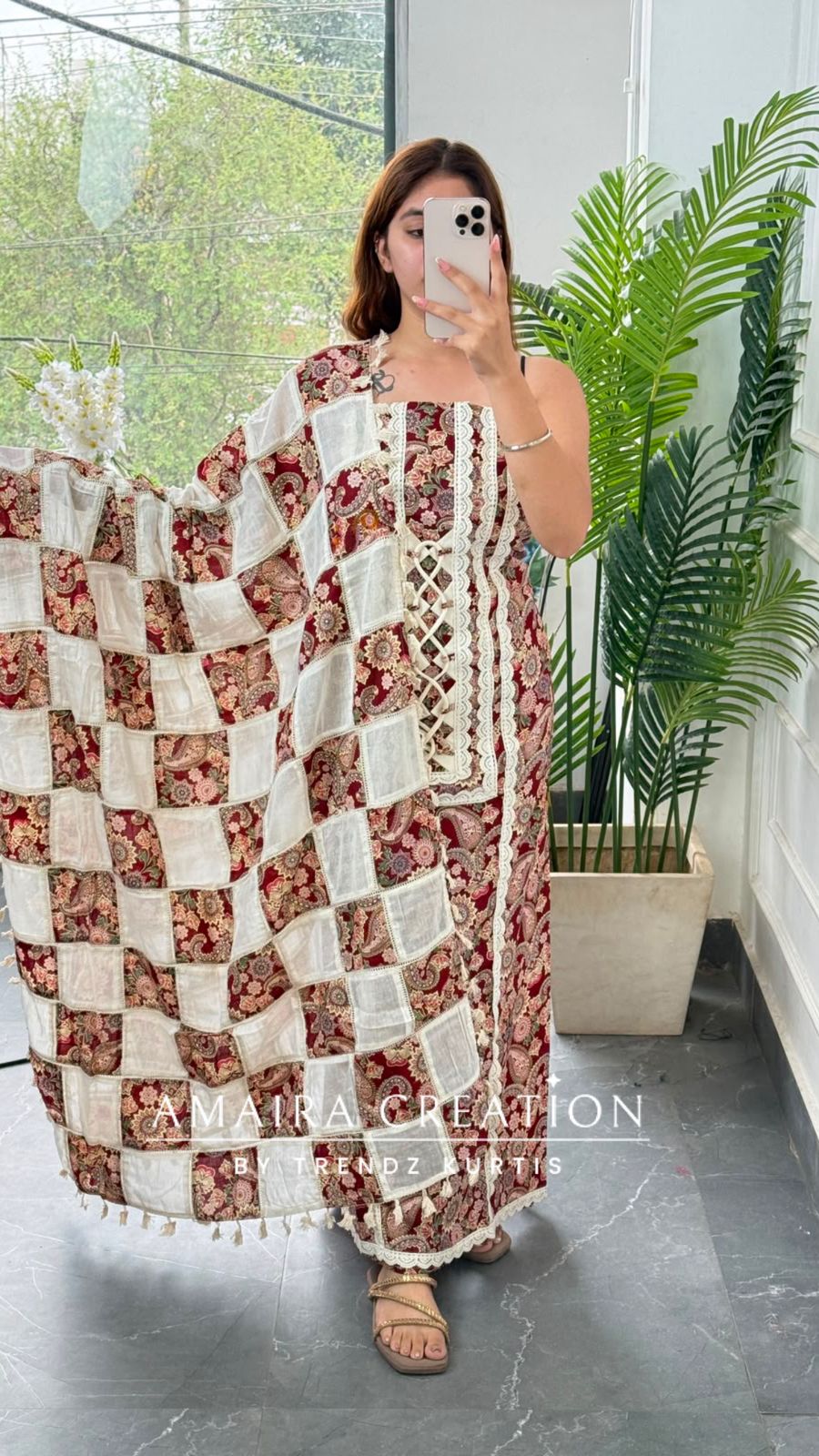 Premium Cotton Maroon colour Unstitched Suit With Beautiful Lace Detailing