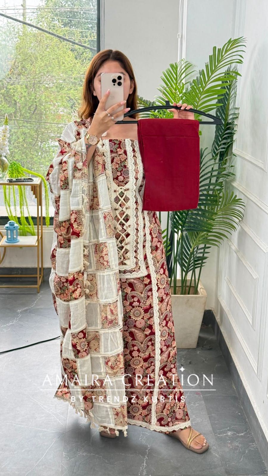 Premium Cotton Maroon colour Unstitched Suit With Beautiful Lace Detailing