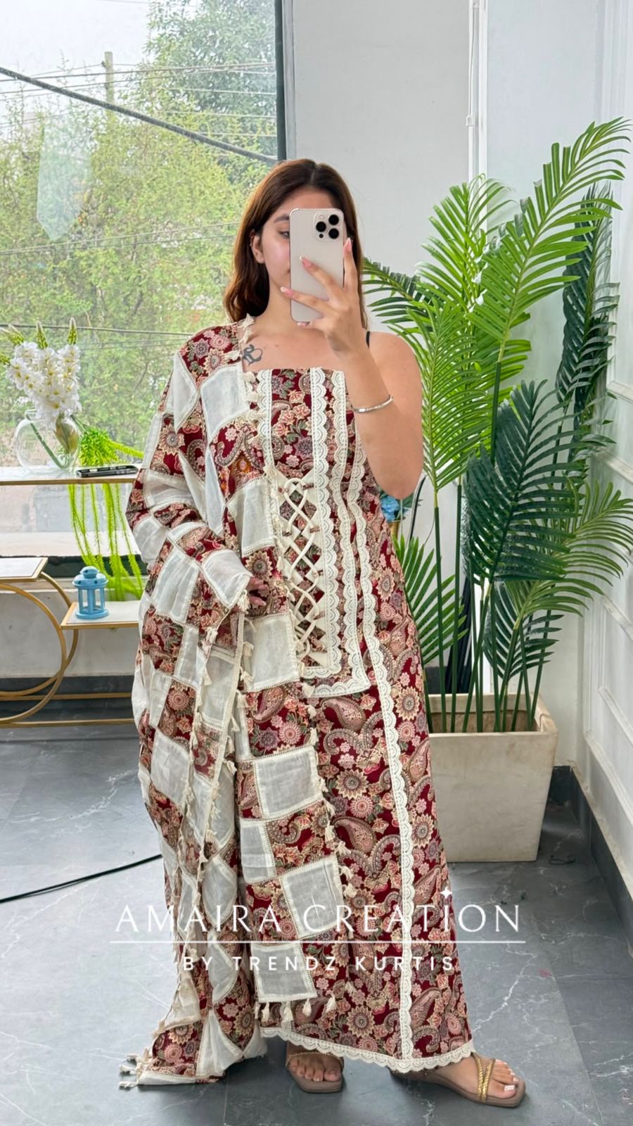 Premium Cotton Maroon colour Unstitched Suit With Beautiful Lace Detailing