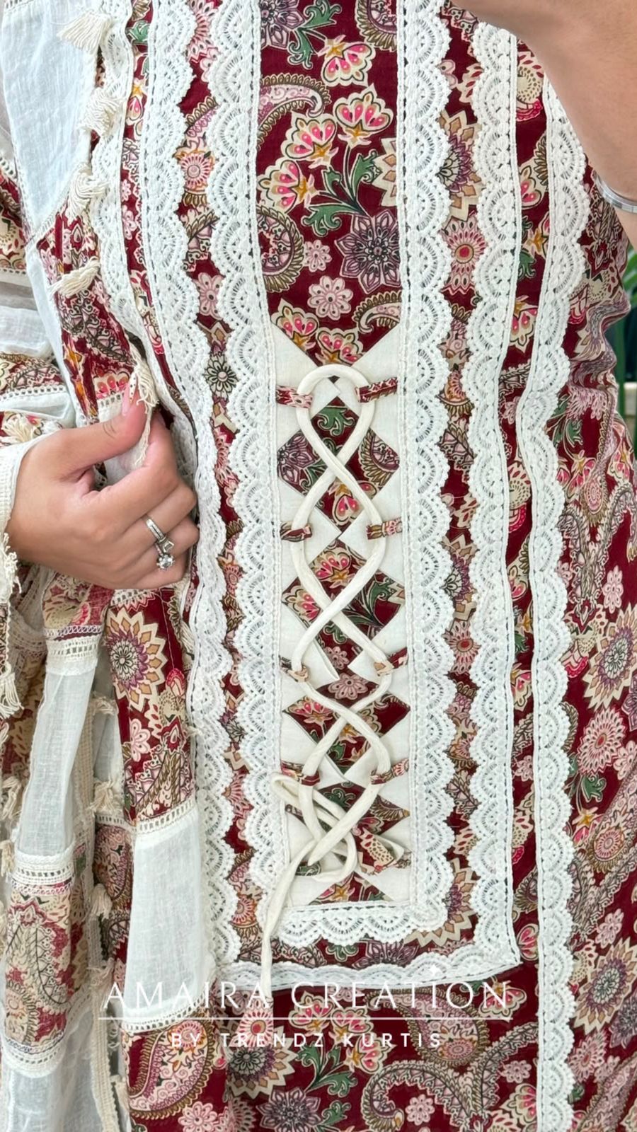 Premium Cotton Maroon colour Unstitched Suit With Beautiful Lace Detailing