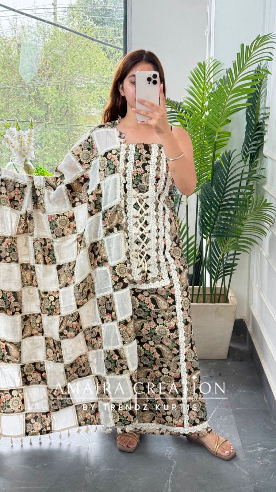 Premium Cotton Brown colour Unstitched Suit With Beautiful Lace Detailing