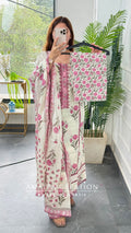 Premium Cotton Off White Lavender Floral Print Unstitch Suit