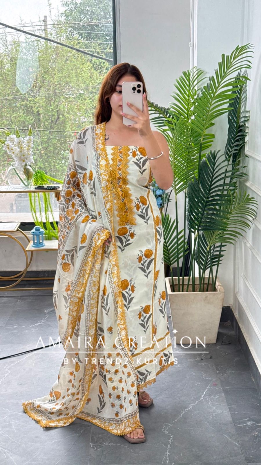 Premium Cotton Off White Mustard Floral Print Unstitch Suit