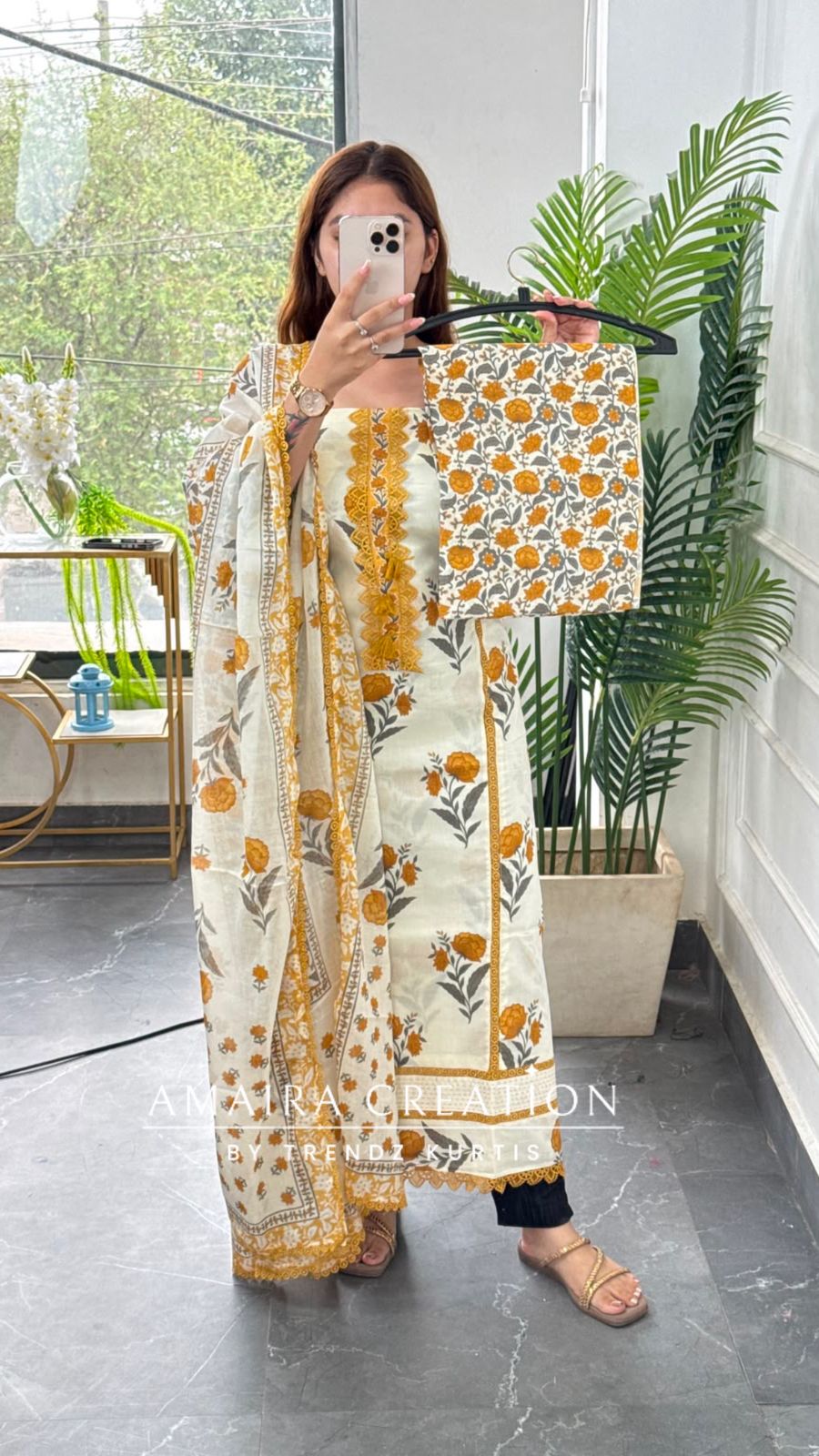 Premium Cotton Off White Mustard Floral Print Unstitch Suit