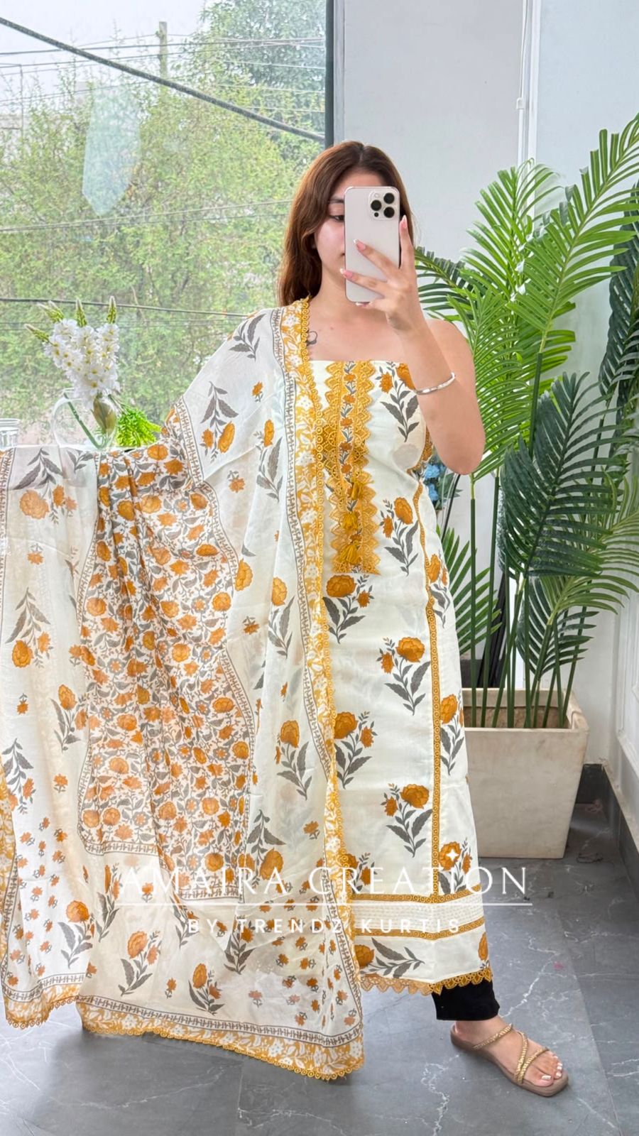 Premium Cotton Off White Mustard Floral Print Unstitch Suit