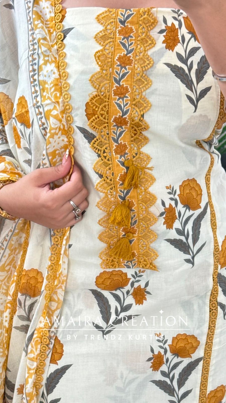 Premium Cotton Off White Mustard Floral Print Unstitch Suit