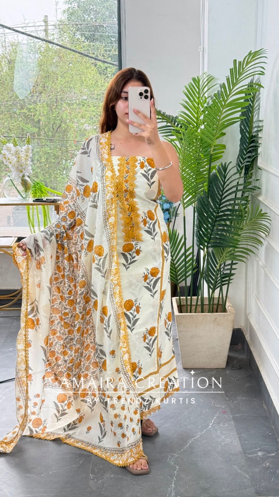Premium Cotton Off White Mustard Floral Print Unstitch Suit