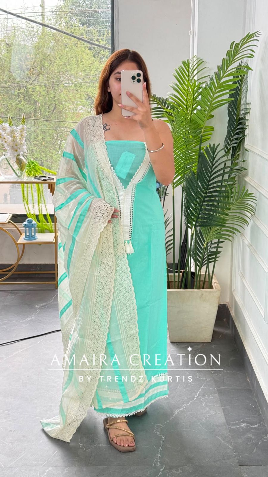 Premium Cotton Sea green Colour Unstitch Suit With Cut Work Chikankari Dupatta
