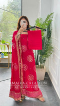 Premium Chinnon Magenta Colour Unstitched Suit With Beautiful Chinnon Dupatta