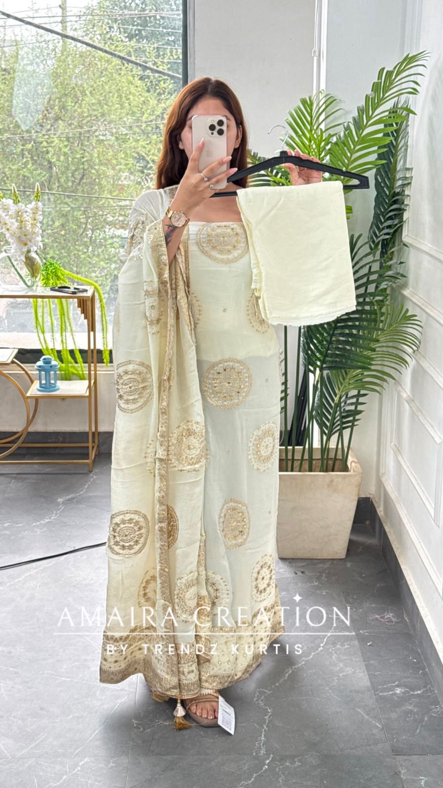 Premium Chinnon Off white Colour Unstitched Suit With Beautiful Chinnon Dupatta
