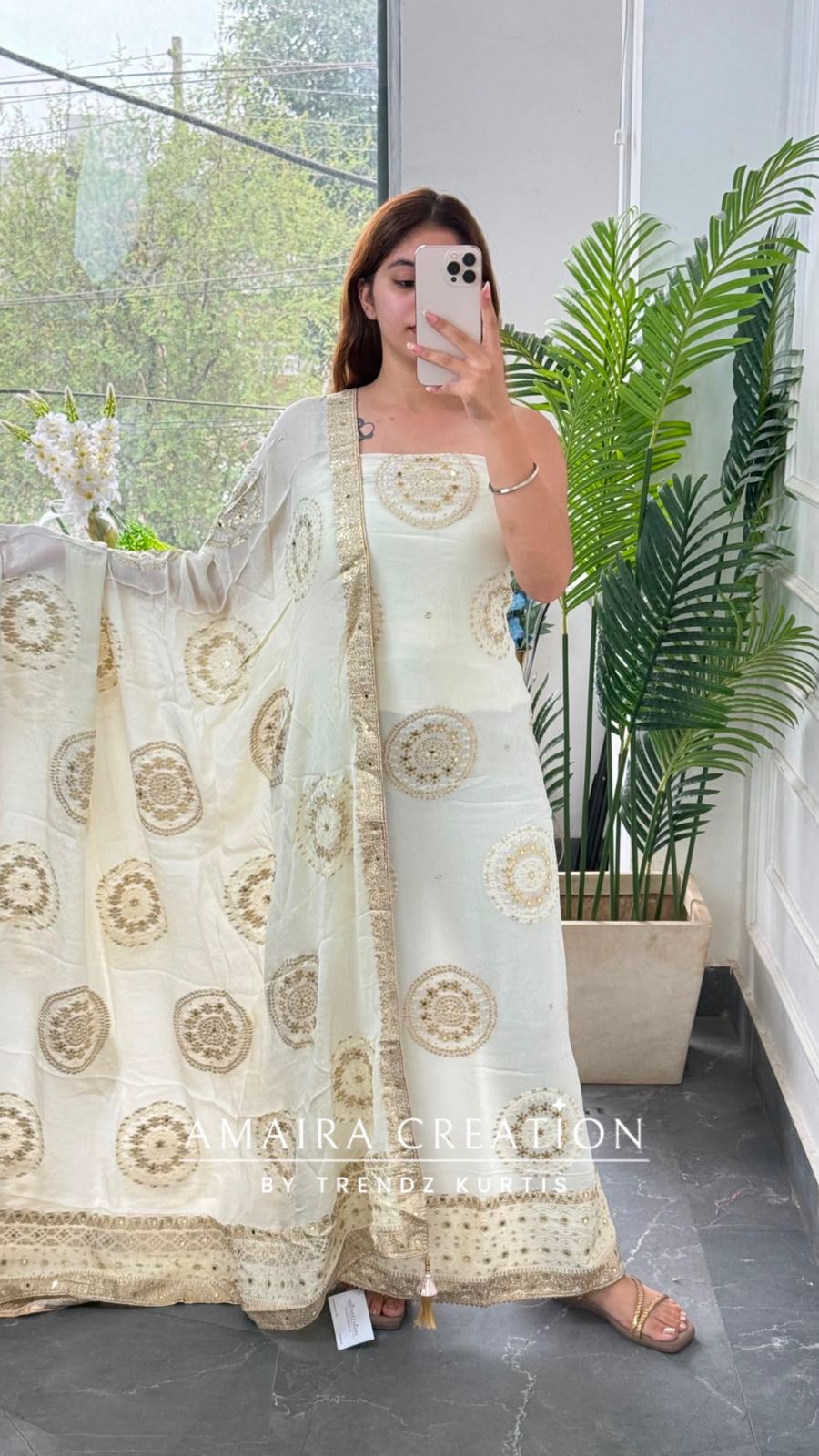 Premium Chinnon Off white Colour Unstitched Suit With Beautiful Chinnon Dupatta