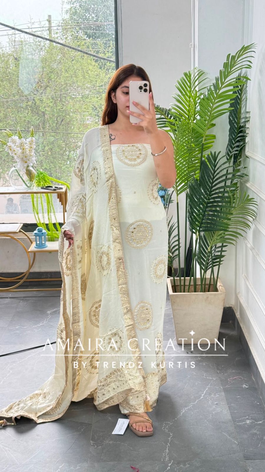 Premium Chinnon Off white Colour Unstitched Suit With Beautiful Chinnon Dupatta