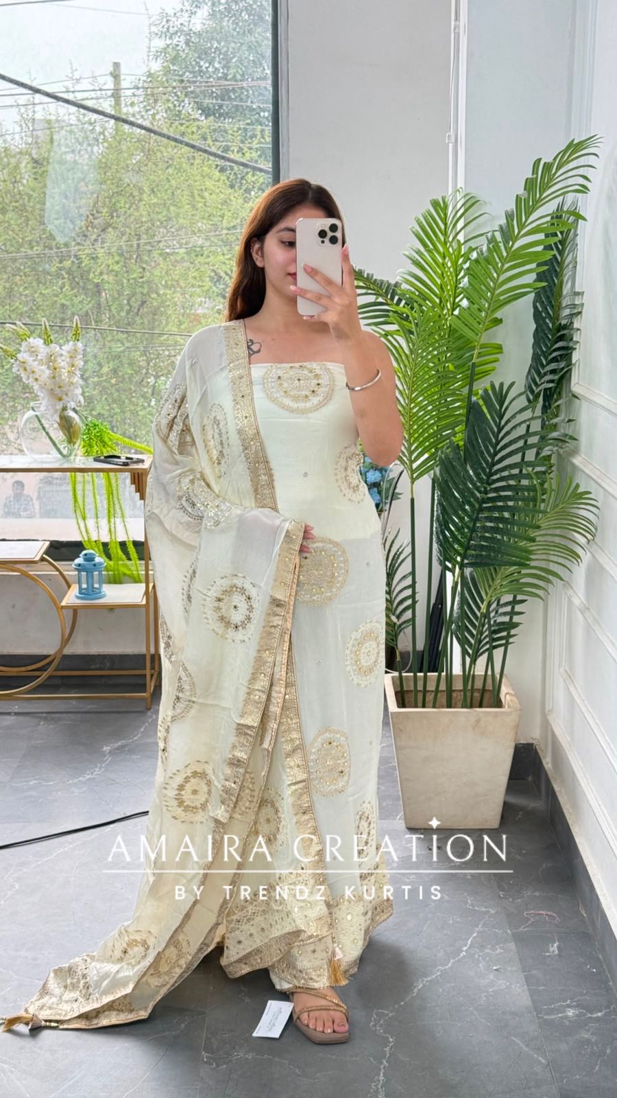 Premium Chinnon Off white Colour Unstitched Suit With Beautiful Chinnon Dupatta