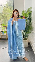 Premium MulChanderi Powder Blue Colour Unstitched Suit With Hand Print Dupatta