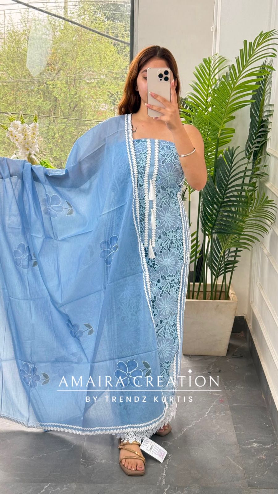 Premium MulChanderi Powder Blue Colour Unstitched Suit With Hand Print Dupatta