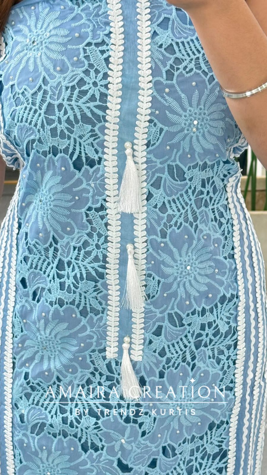 Premium MulChanderi Powder Blue Colour Unstitched Suit With Hand Print Dupatta