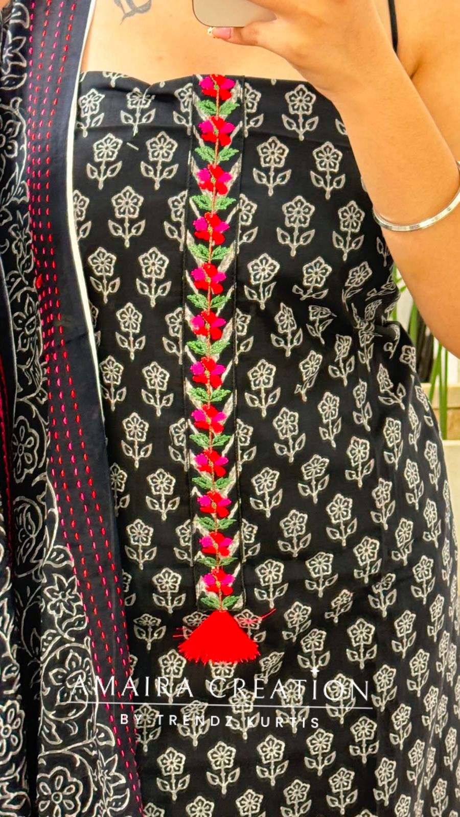 Premium Cotton Black Colour Red Thread Embroidery Detailing Unstitch Suit