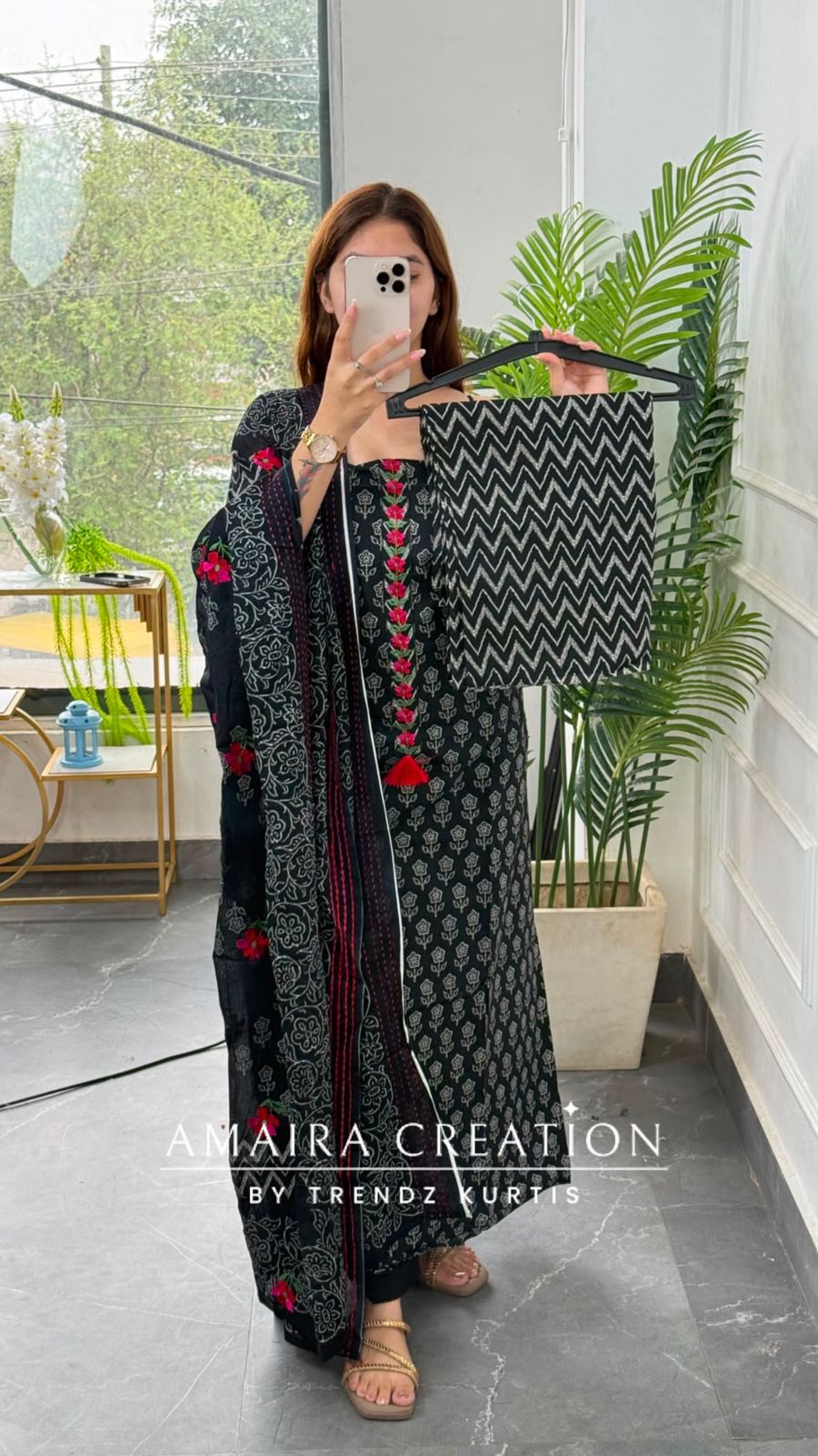 Premium Cotton Black Colour Red Thread Embroidery Detailing Unstitch Suit