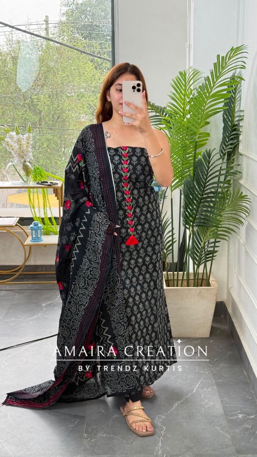 Premium Cotton Black Colour Red Thread Embroidery Detailing Unstitch Suit