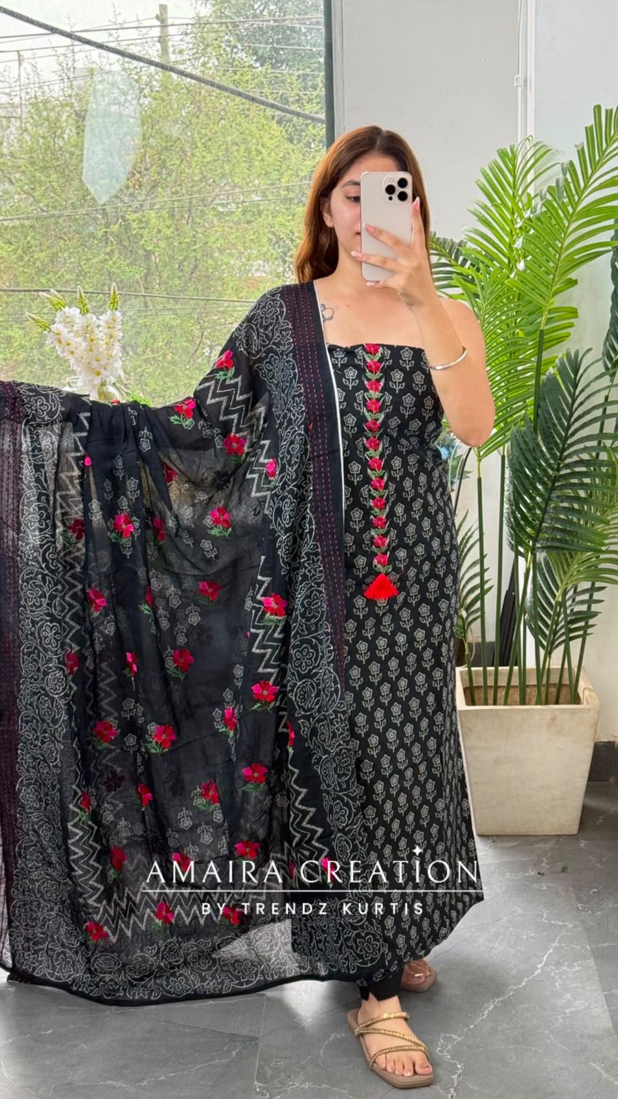 Premium Cotton Black Colour Red Thread Embroidery Detailing Unstitch Suit